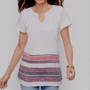 Talbots Medium Linen Smocked Neck Striped Hem Blouse Top Relaxed Fit‎